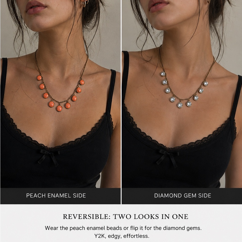 Reversible Peach Enamel and Diamond Gemstone Necklace